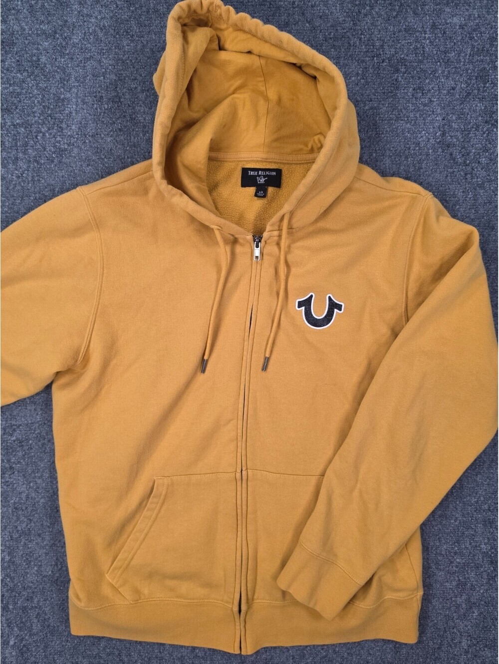 True Religion Hoodie Mens L Mustard Gold Horseshoe Logo Full Zip Sweatshirt Y2k